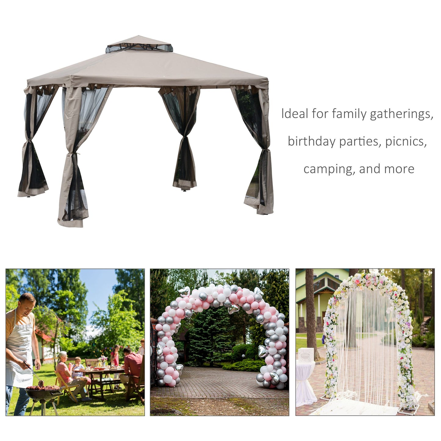 Gazebo patio toit double moustiquaire 2,9m x 2,9m
