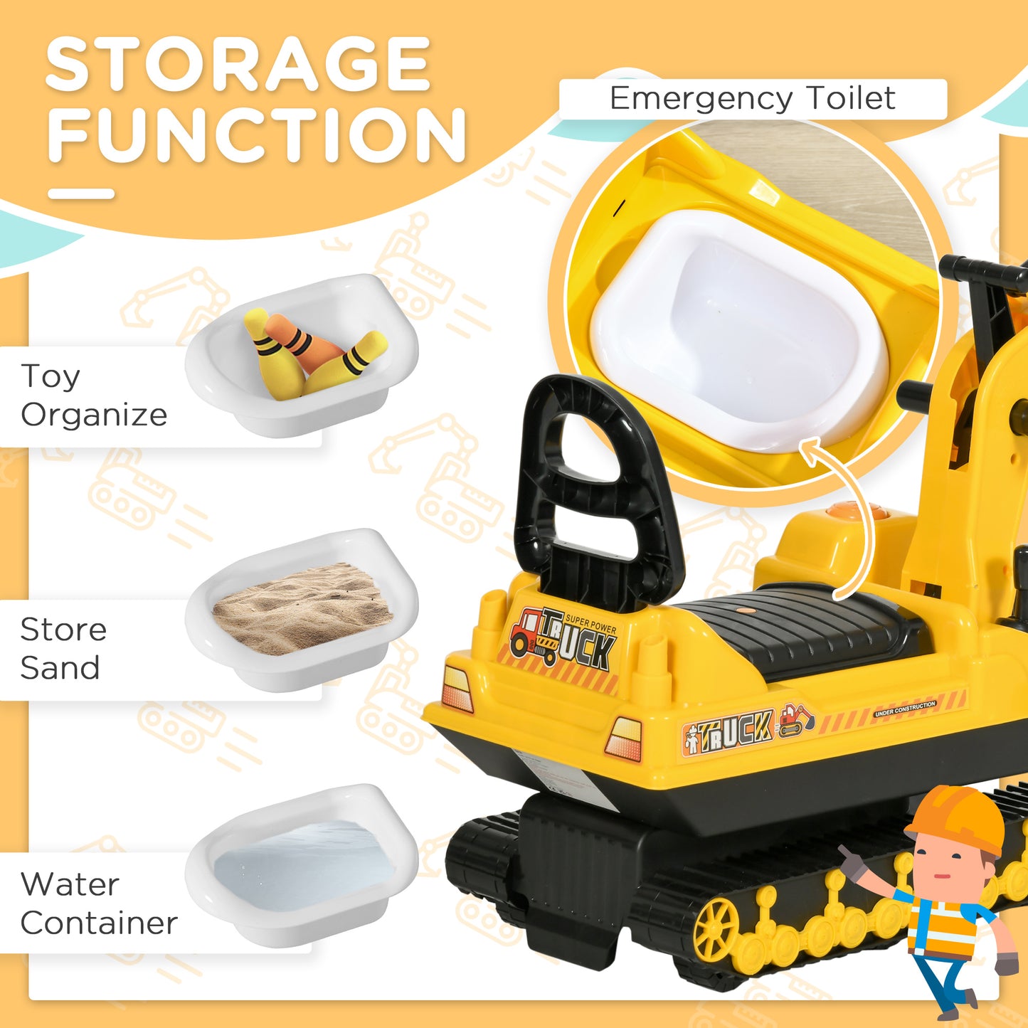 Excavatrice porteur enfant avec rangement et sons
