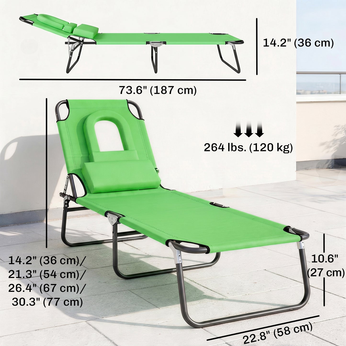 Chaise longue pliante avec trou visage ajustable
