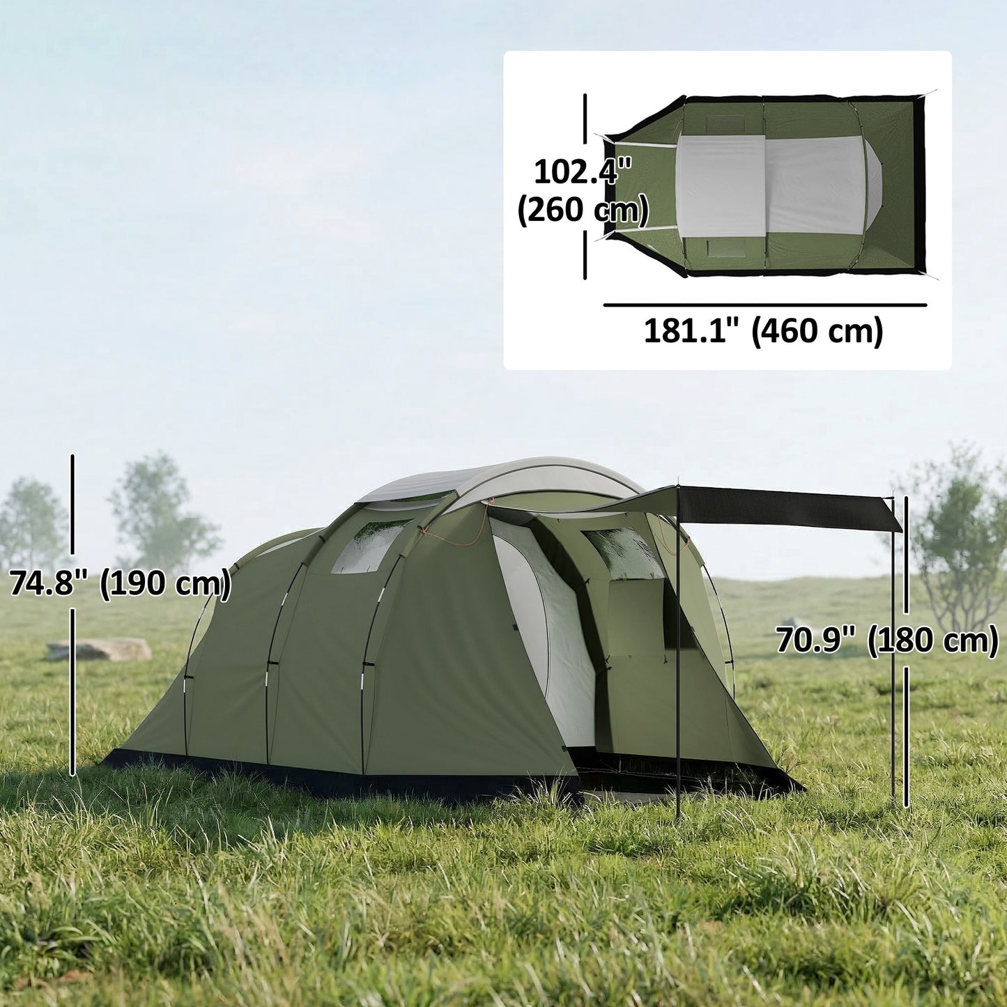 Tente tunnel deux pièces 3-4 personnes imperméable