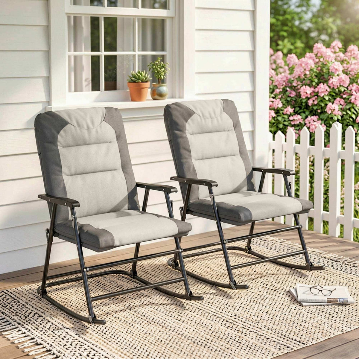 Ensemble 2 chaises berçantes rembourrées avec accoudoirs