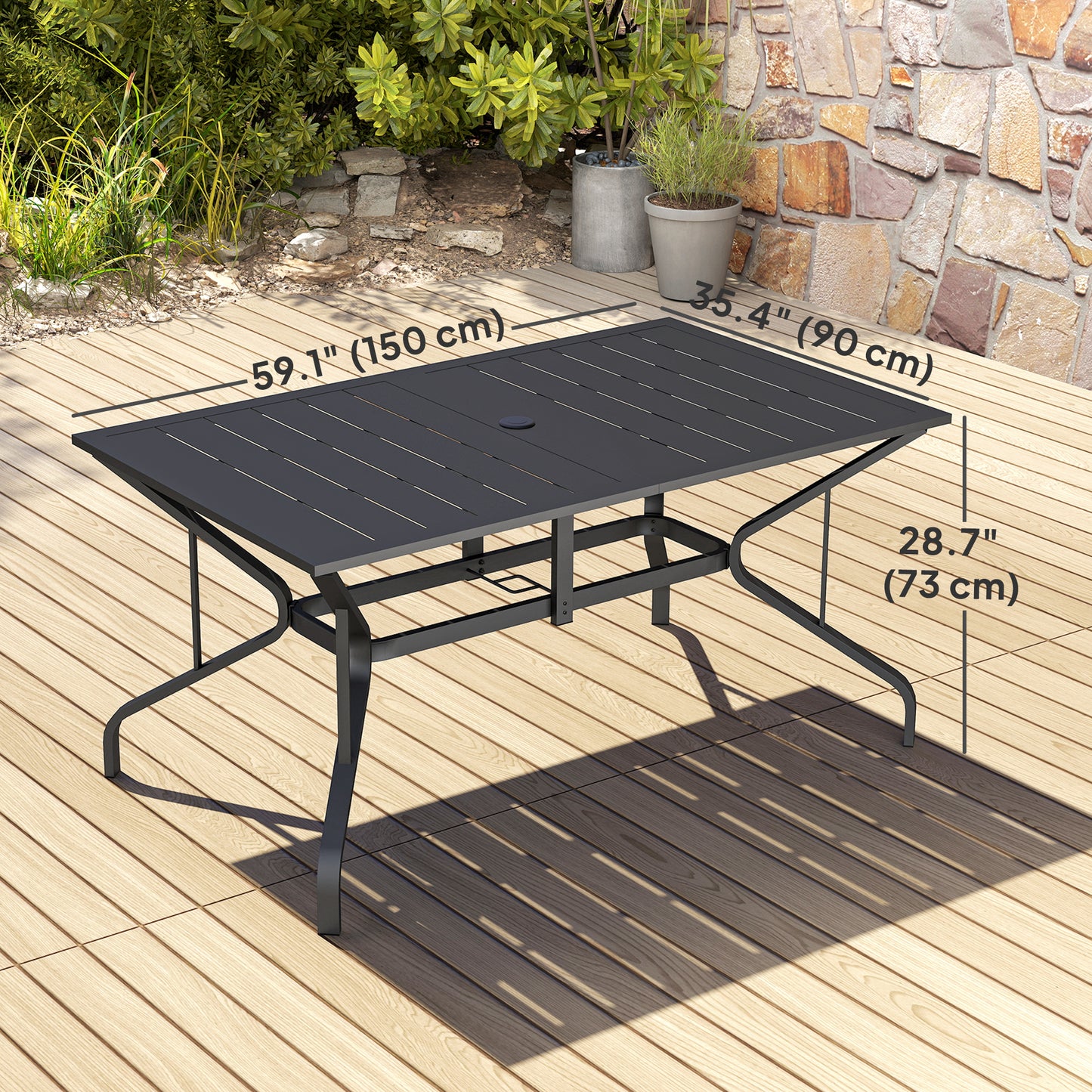 Table de patio rectangulaire avec trou pour parasol