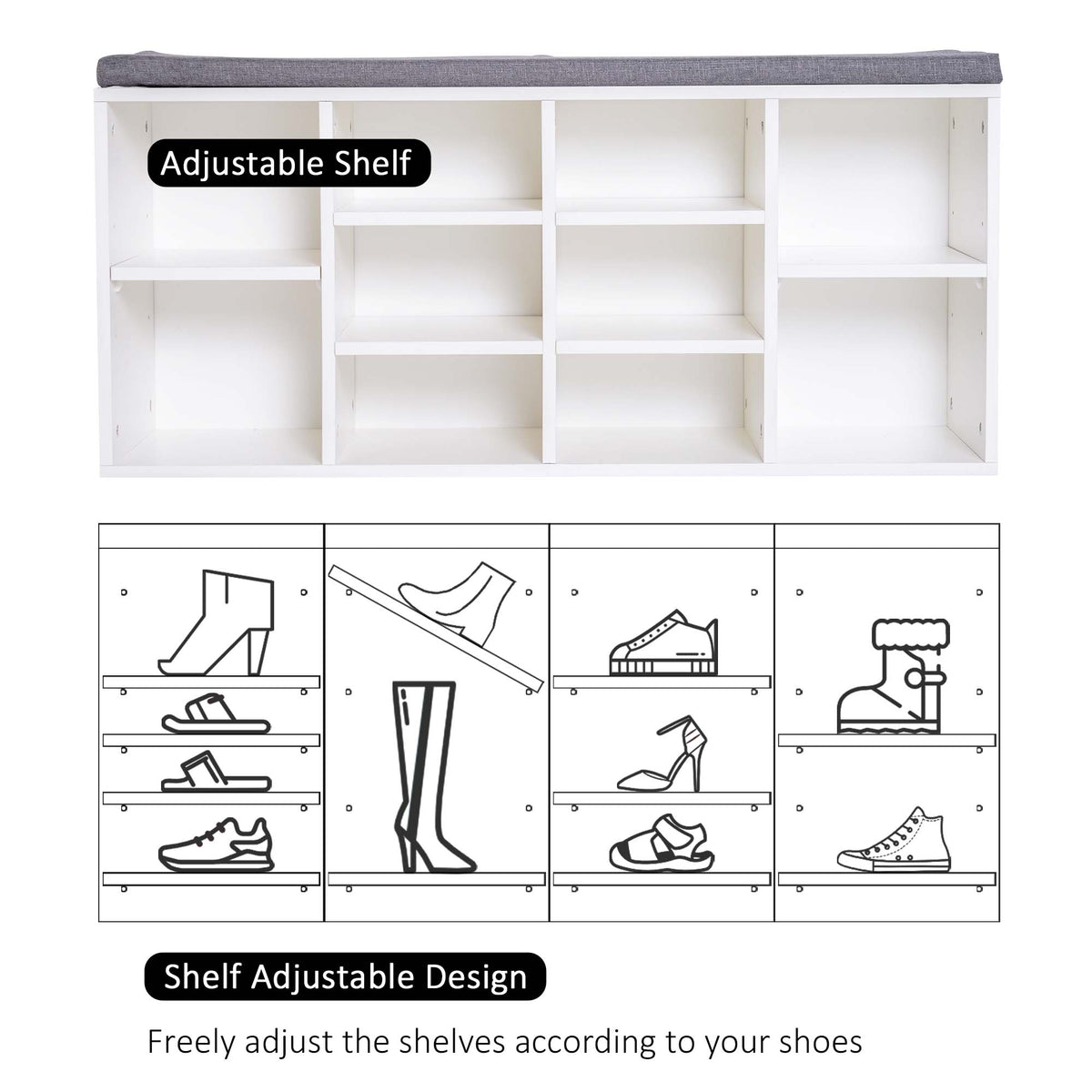 Banc à chaussures de rangement rembourré