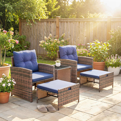 Outsunny 5-Piece Rattan Patio Set - Chairs + Ottomans + Glass Table