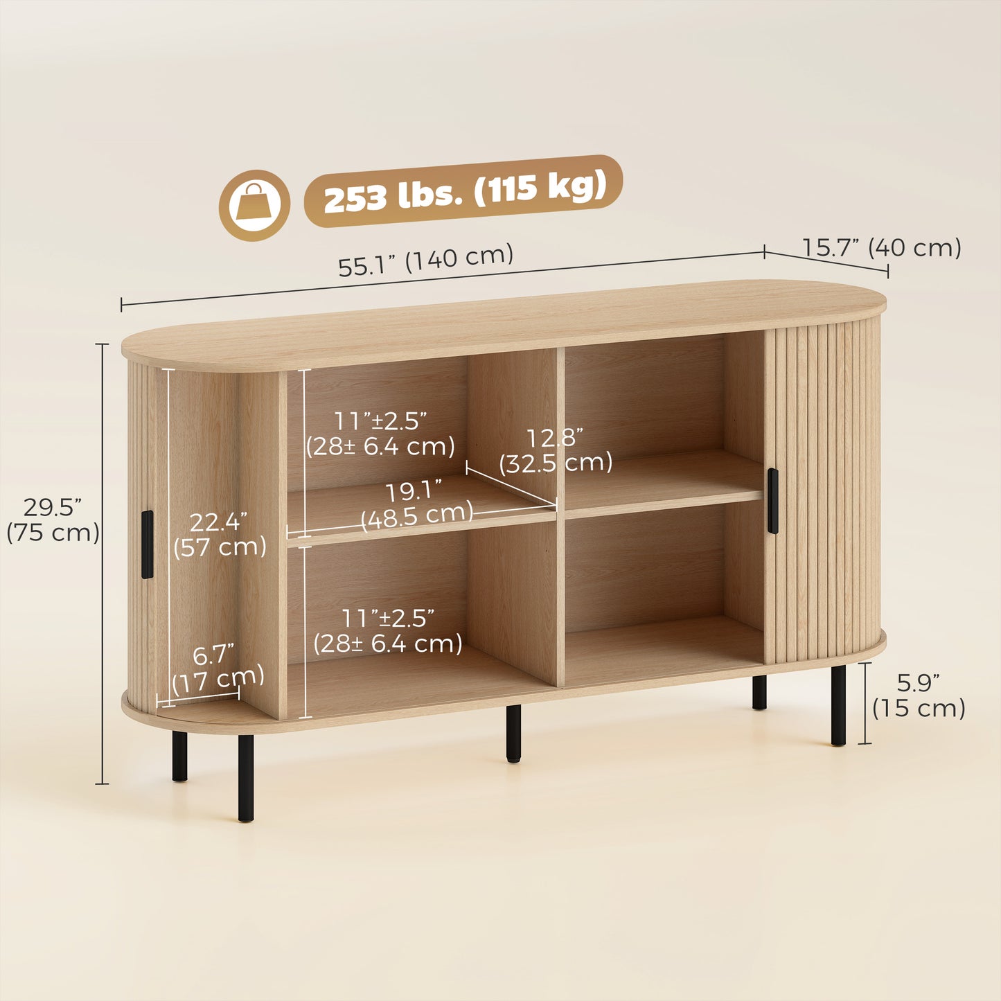 Buffet bahut cannelé portes coulissantes tablettes réglables