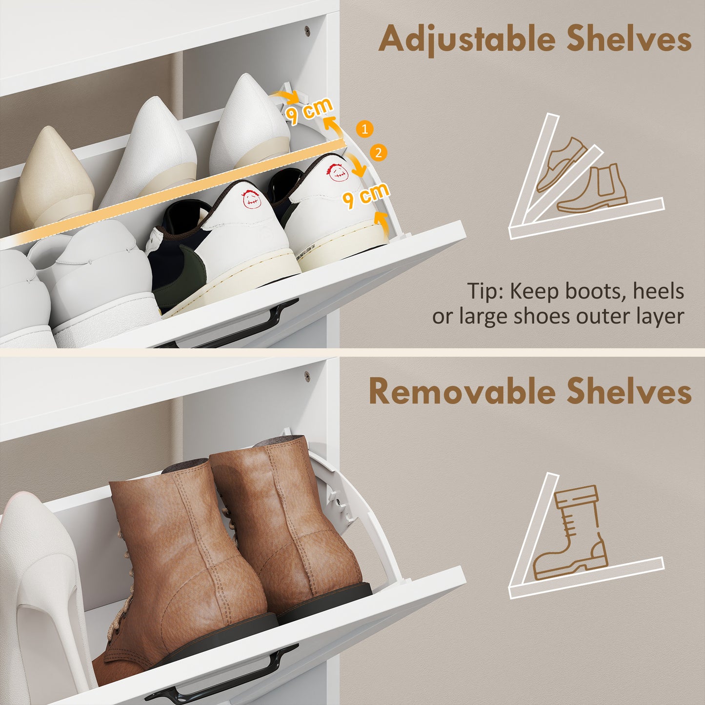 Armoire à chaussures 4 tiroirs rabattables, étagères ajustables