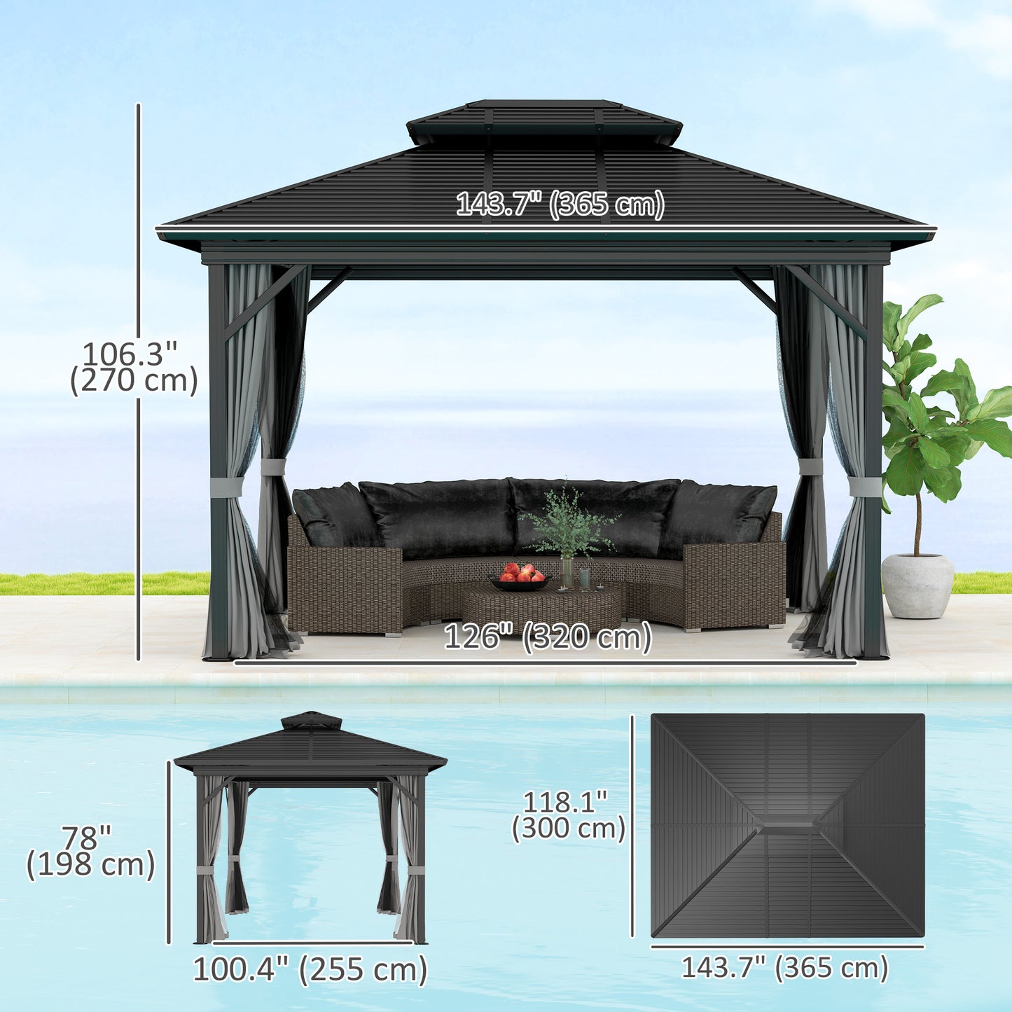 Gazébo toit rigide 3x3,7m double niveau moustiquaire