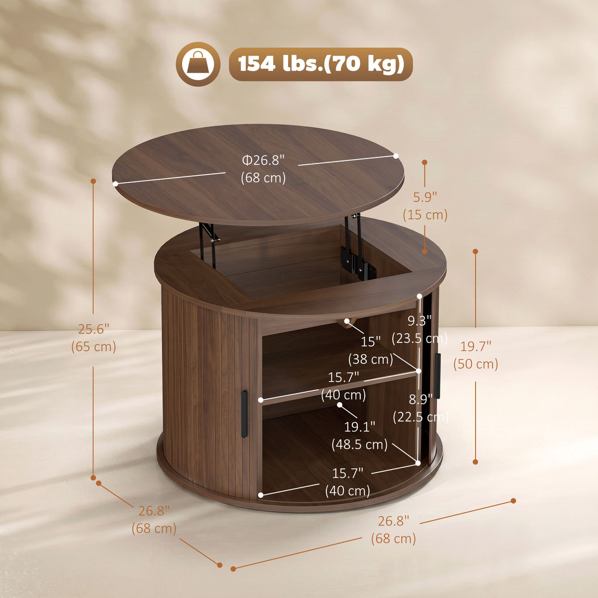 Table basse ronde à plateau relevable et rangement