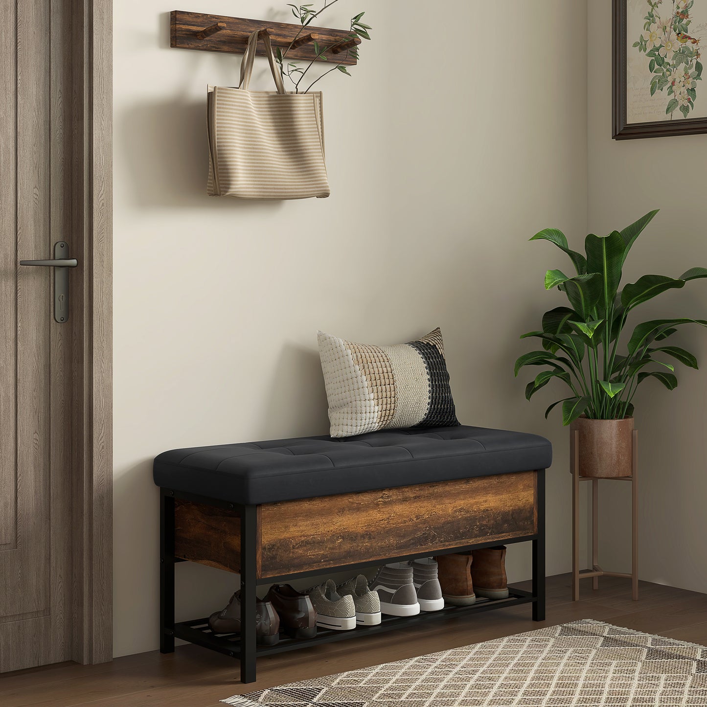 Banc coffre avec rangement à chaussures et siège rembourré