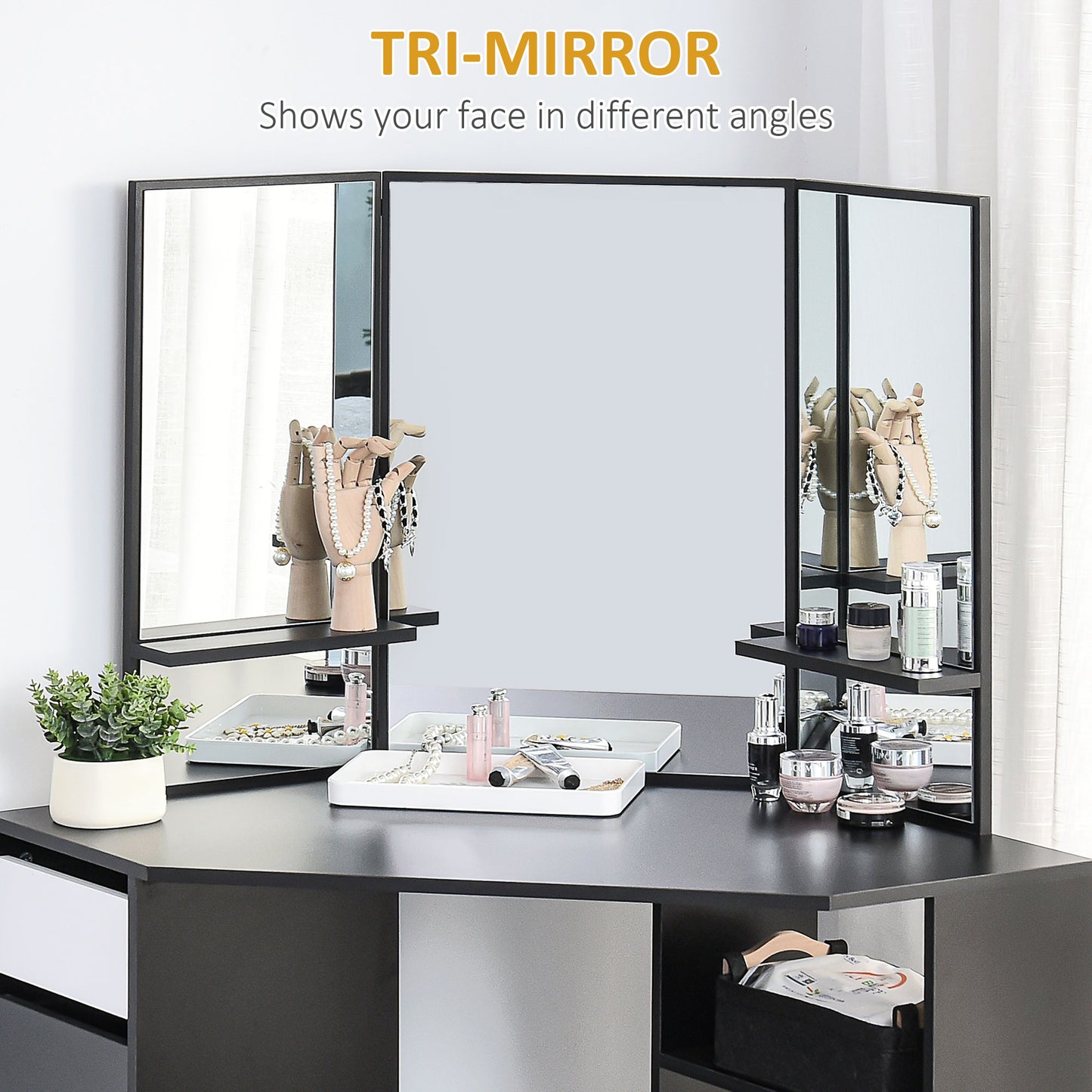 Table de maquillage d'angle miroir triptyque avec tiroirs