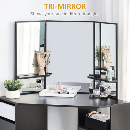Table de maquillage d'angle miroir triptyque avec tiroirs