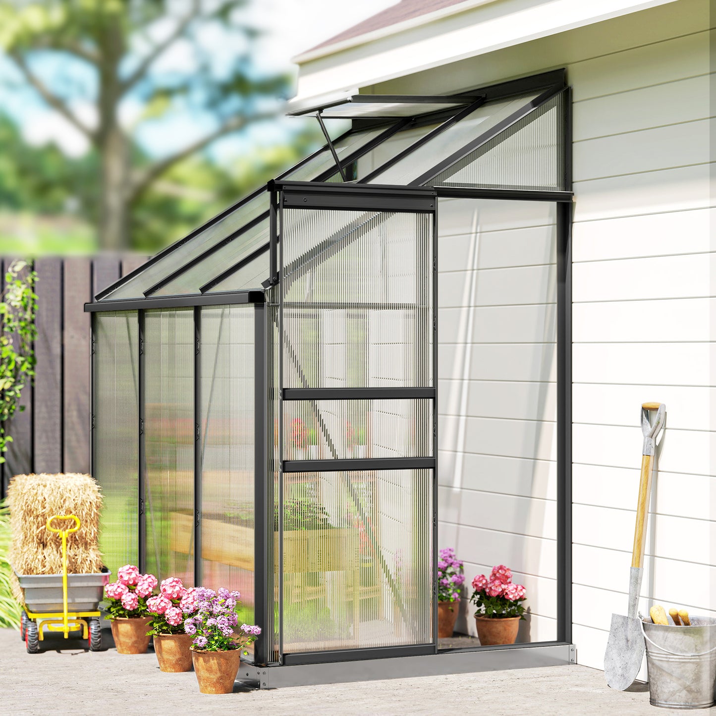  Lean-to Greenhouse Aluminium 192x127cm Polycarbonate Dark Grey
