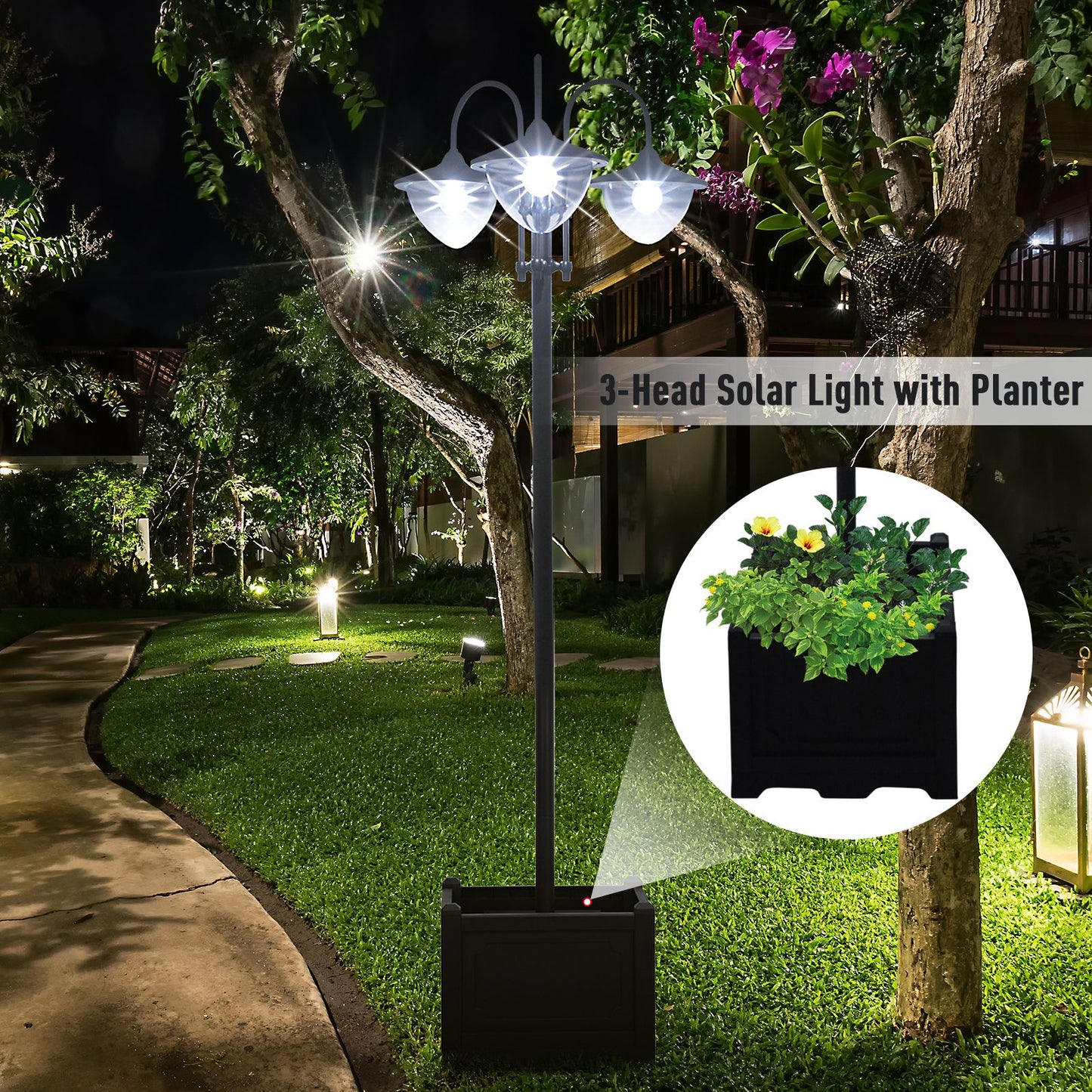 Lampadaire solaire LED 3 têtes avec jardinière