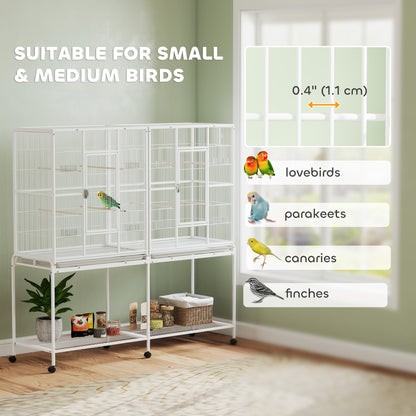 Grande cage à oiseaux sur roulettes avec perchoirs
