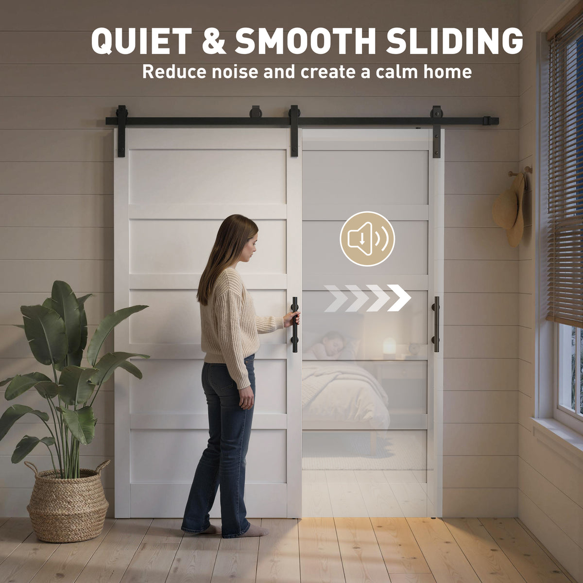 Porte de grange coulissante style Shaker avec quincaillerie