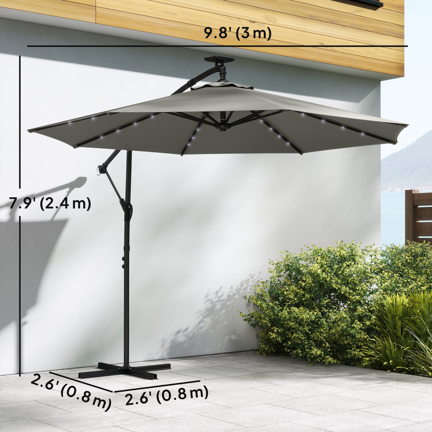Parasol déporté avec lumières solaires LED et manivelle
