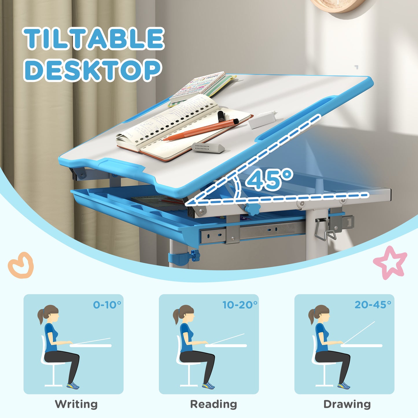 Bureau d'étude ajustable avec chaise et tiroir enfant