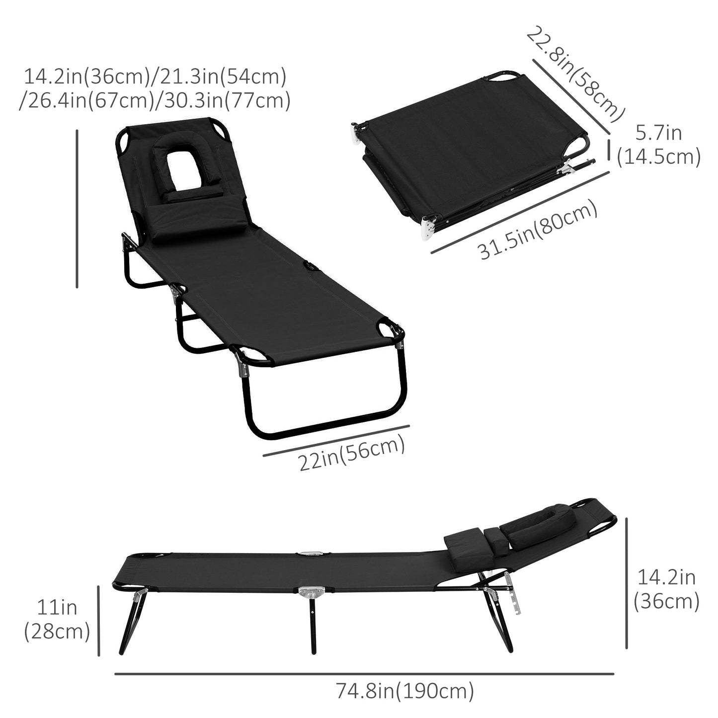 Chaise longue pliable avec trou visage 3 positions