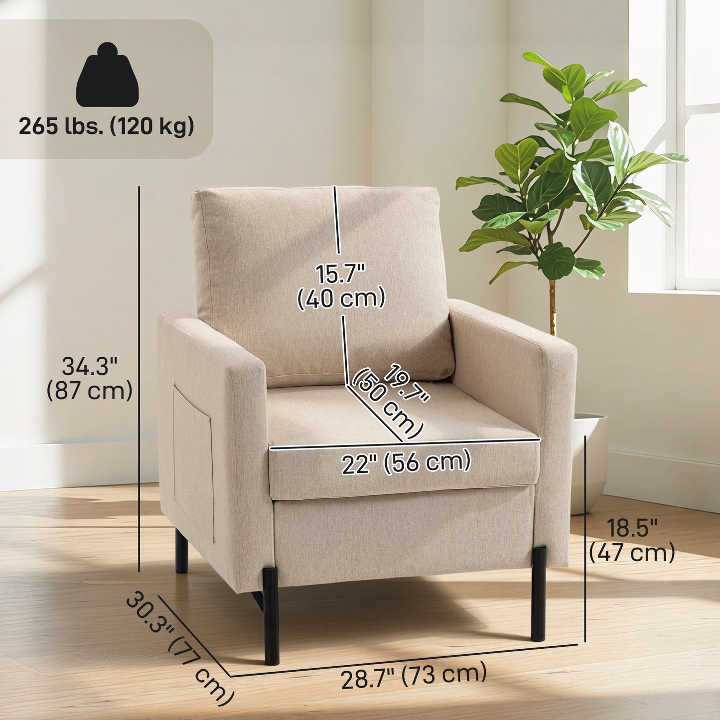 Fauteuil d'appoint rembourré avec poches latérales