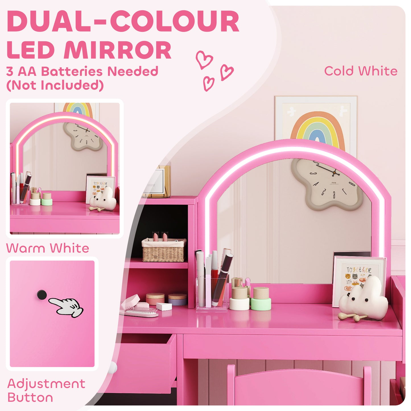 Coiffeuse enfant avec miroir éclairé et rangements