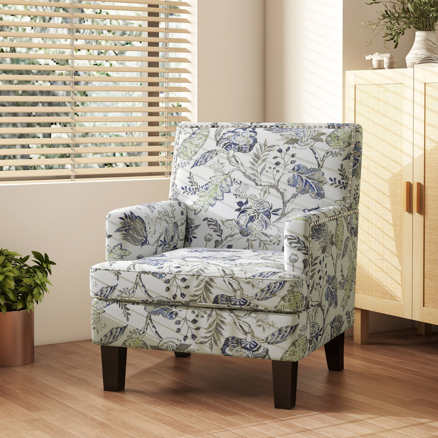 Fauteuil accent mi-siècle motif floral à clous