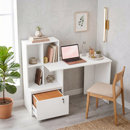 Bureau d'ordinateur avec bibliothèque et tiroir classeur