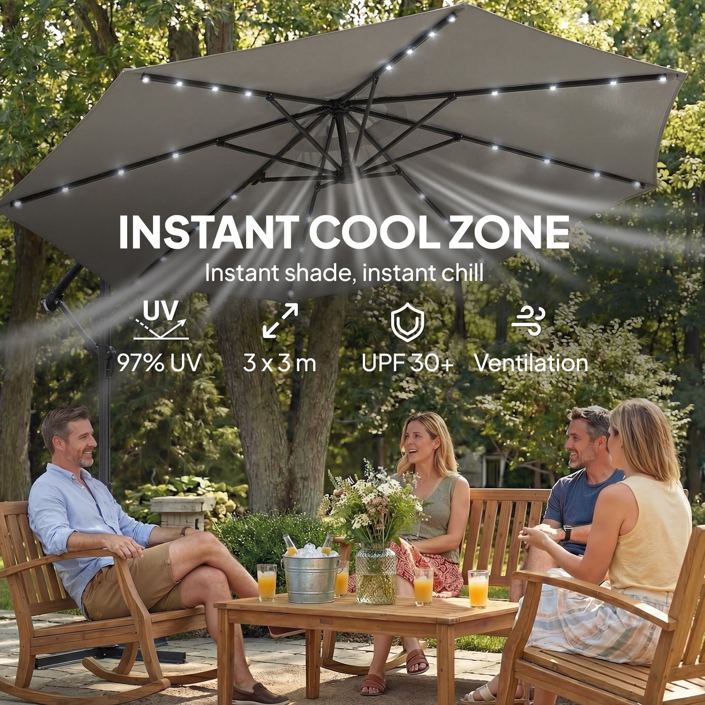Parasol déporté avec lumières solaires LED et manivelle