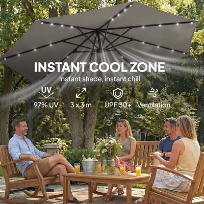 Parasol déporté avec lumières solaires LED et manivelle