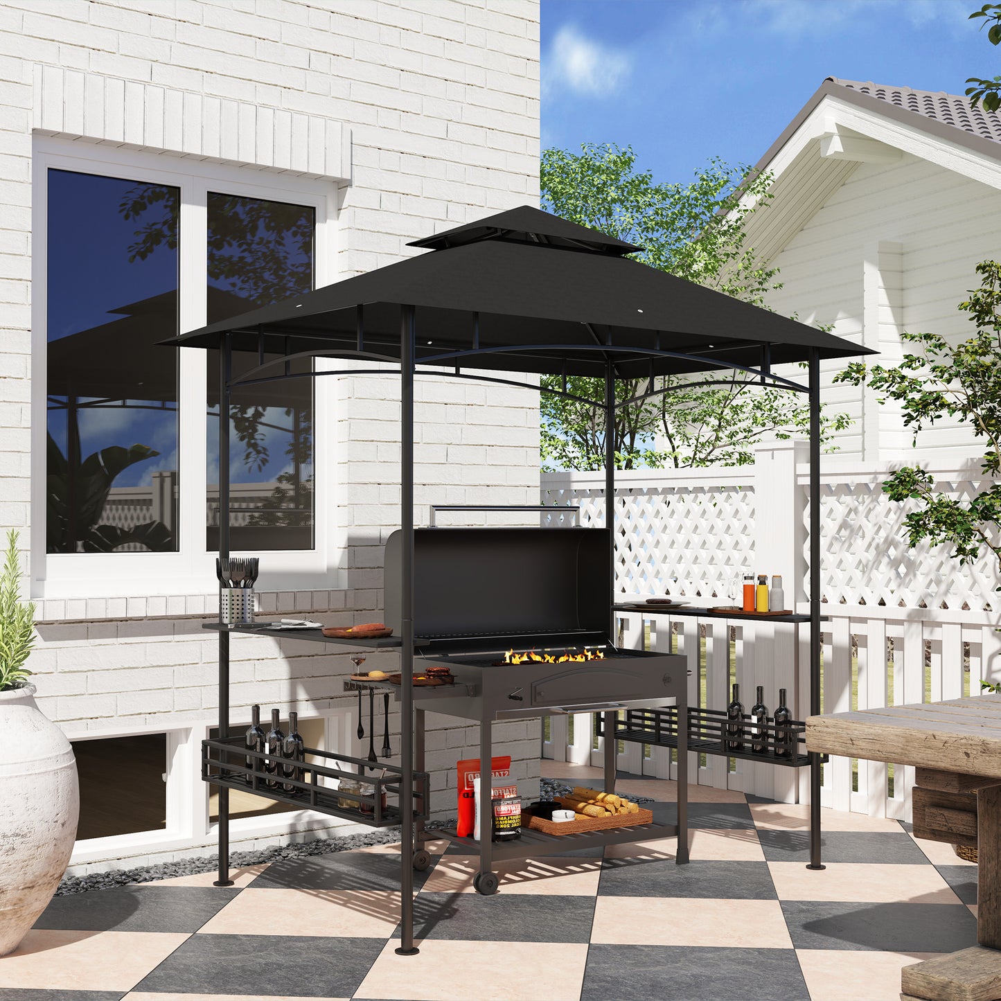 Gazebo BBQ double toit avec tablettes et crochets