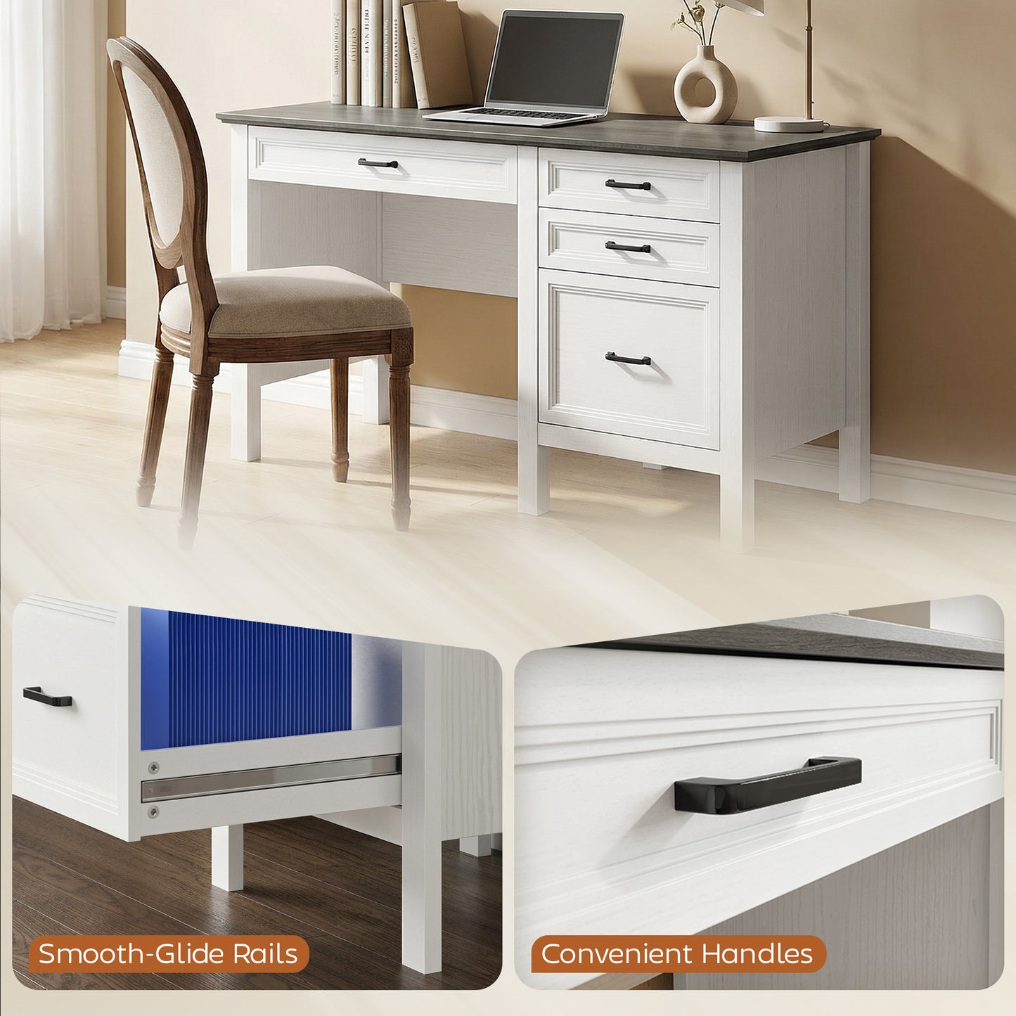 Bureau de travail style fermette avec tiroirs et classeur