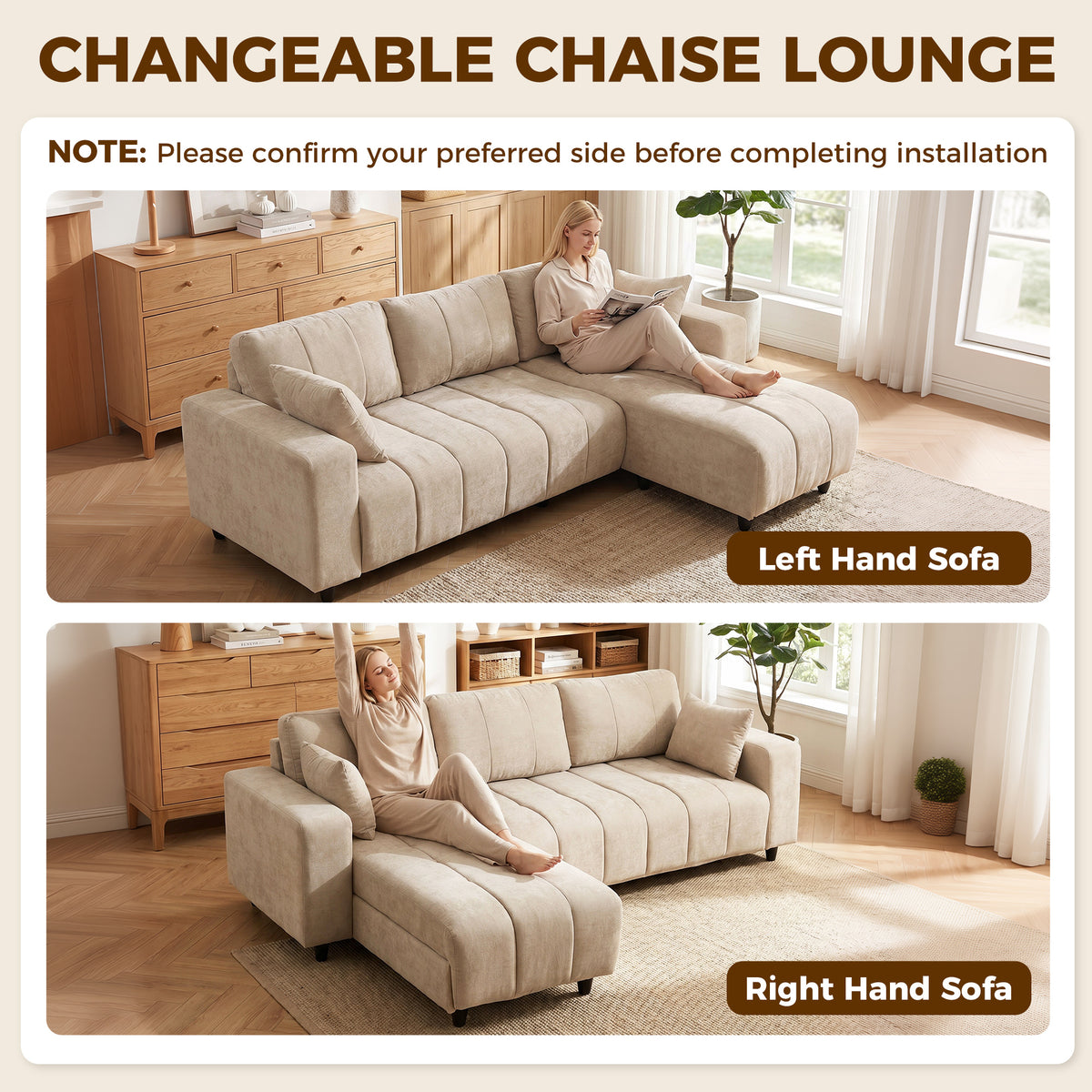 Causeuse sectionnel réversible 4 places tissu lin