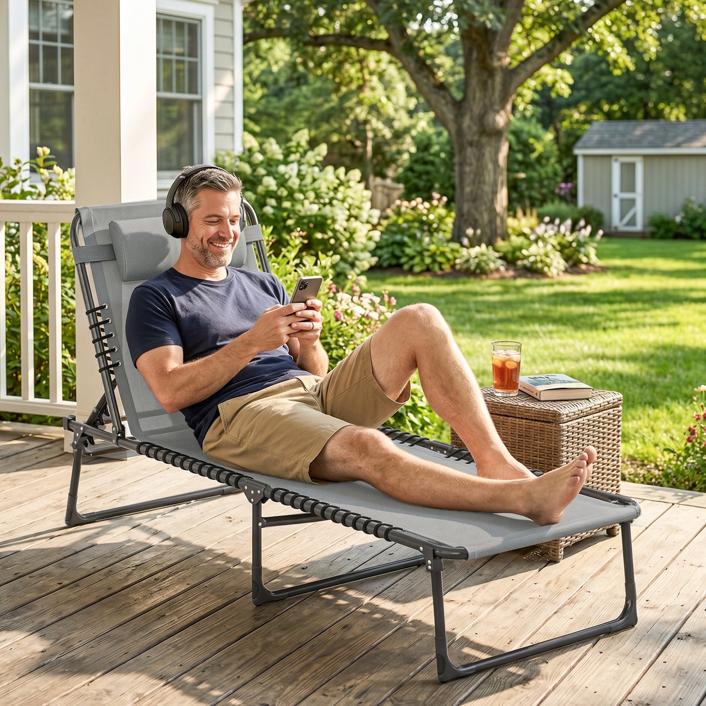 Chaise longue pliante réglable avec appui-tête
