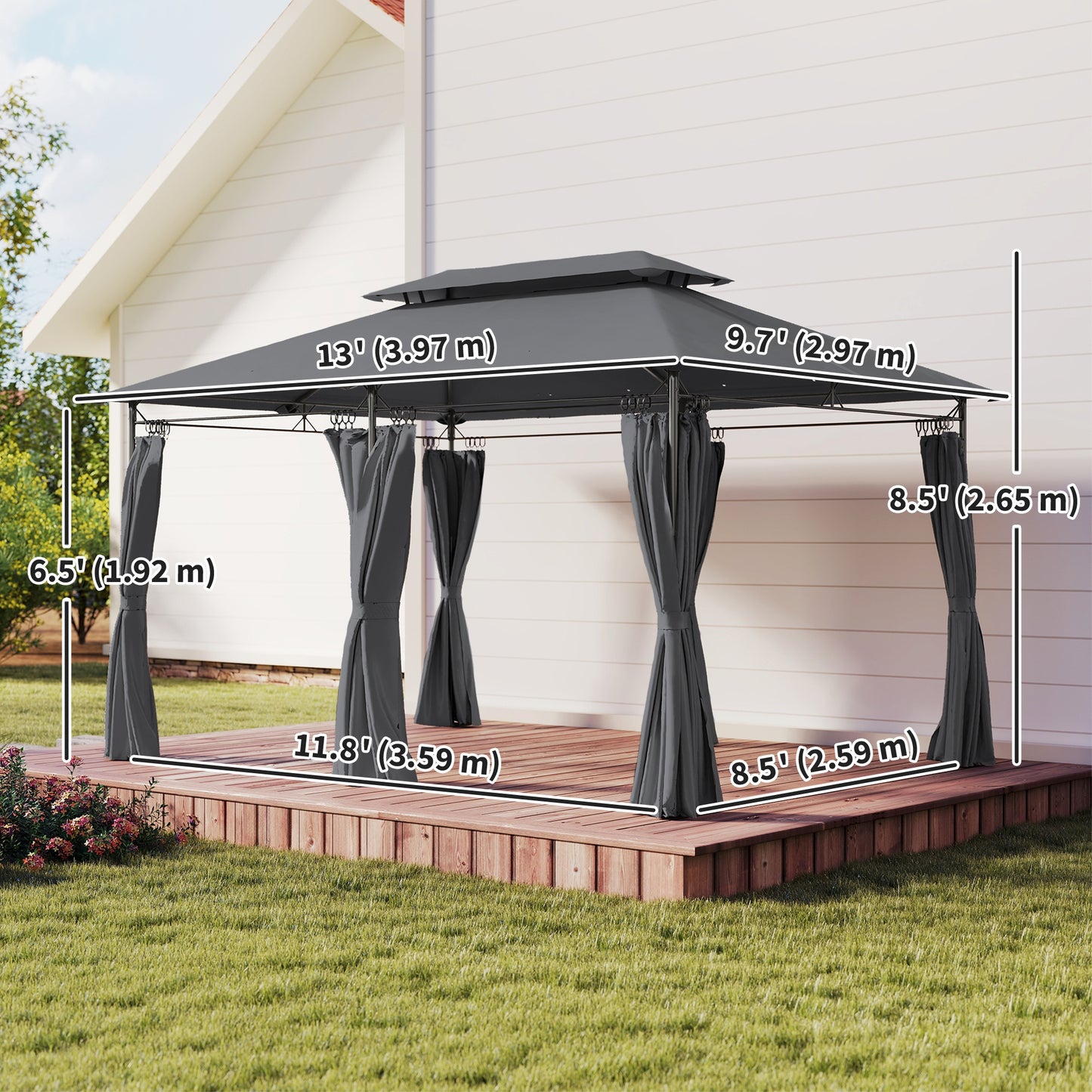 Gazebo de patio double toit avec rideaux 3 x 4 m