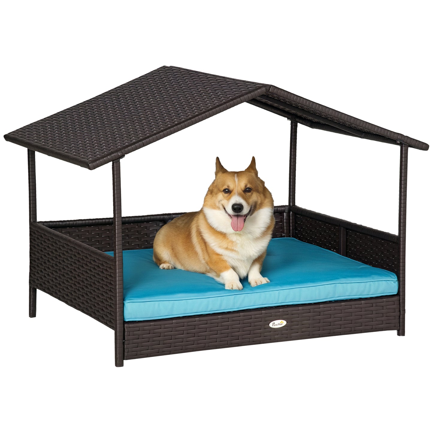 Niche surélevée en rotin avec auvent pour chiens