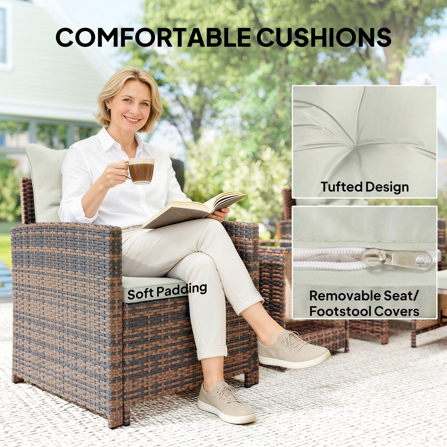 Outsunny 5-Piece Rattan Patio Set - Chairs + Ottomans + Glass Table
