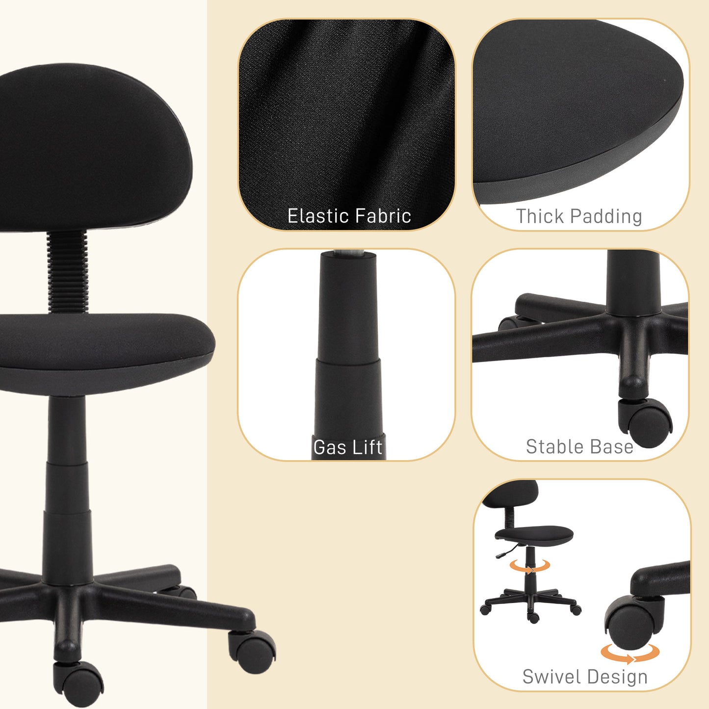 Chaise de bureau sans accoudoirs pivotante bas du dos