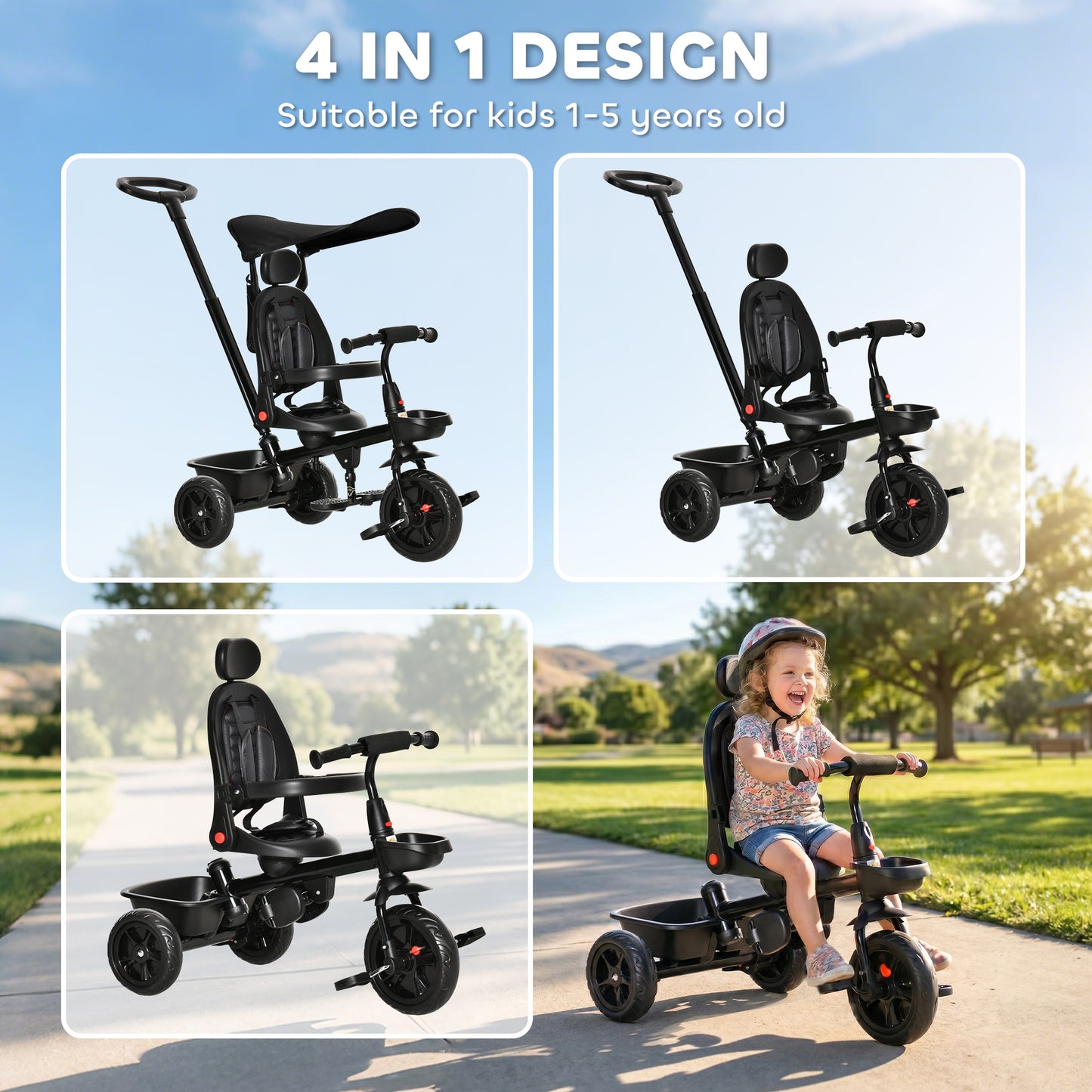Tricycle évolutif 5-en-1 avec poignée parentale