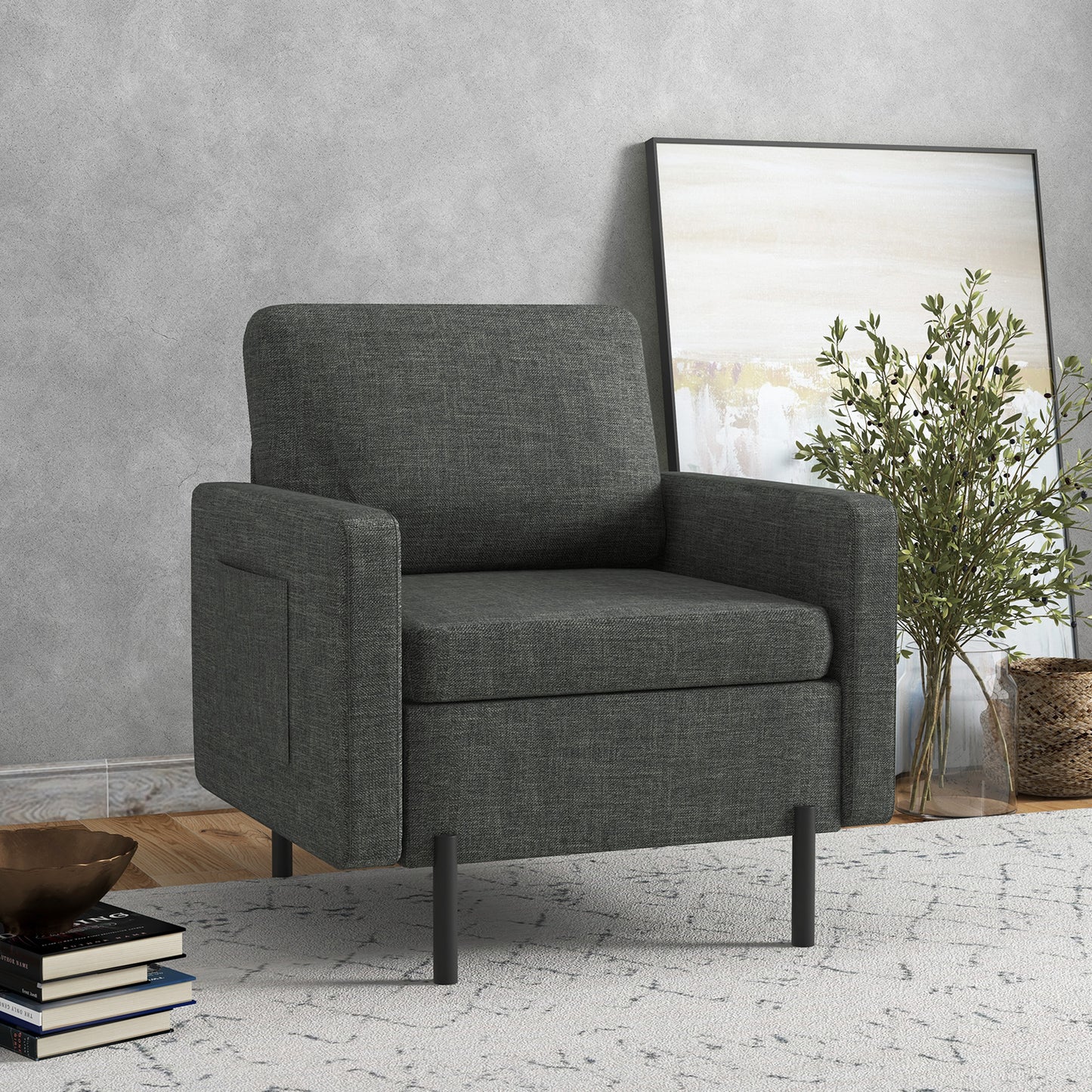 Fauteuil d'appoint rembourré avec poches latérales