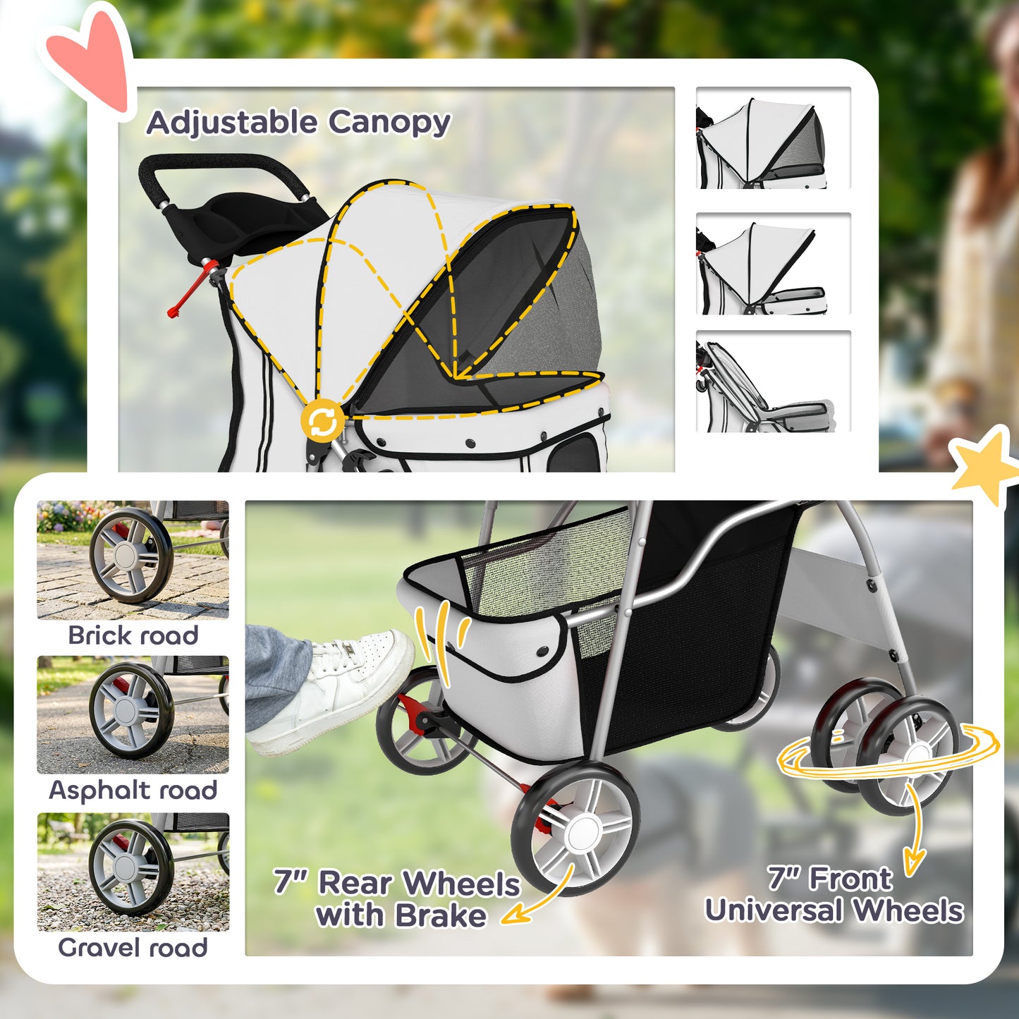 Poussette pour animaux pliable avec roues et freins