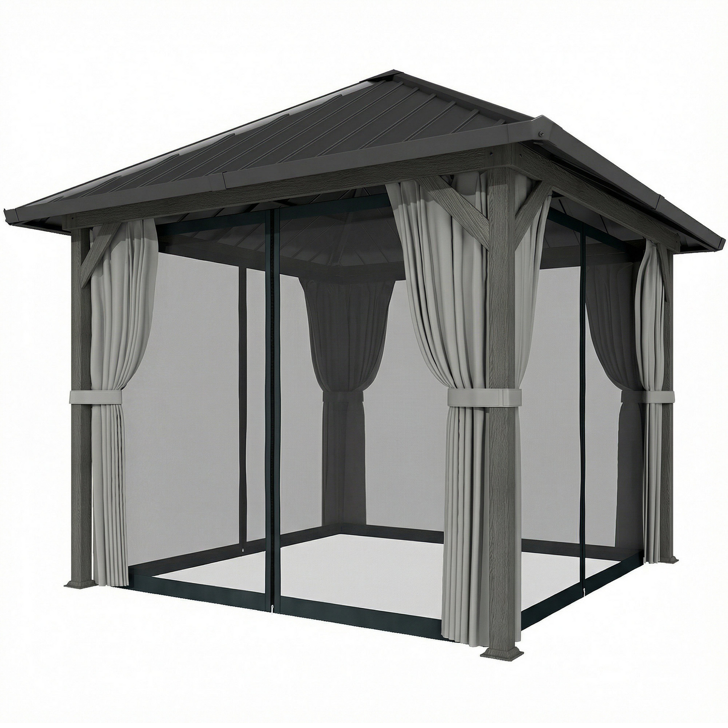 Gazebo toit rigide galvanisé avec filet et rideaux