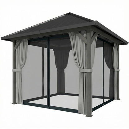 Gazebo toit rigide galvanisé avec filet et rideaux