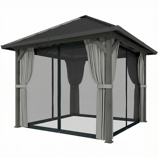 Gazebo toit rigide galvanisé avec filet et rideaux