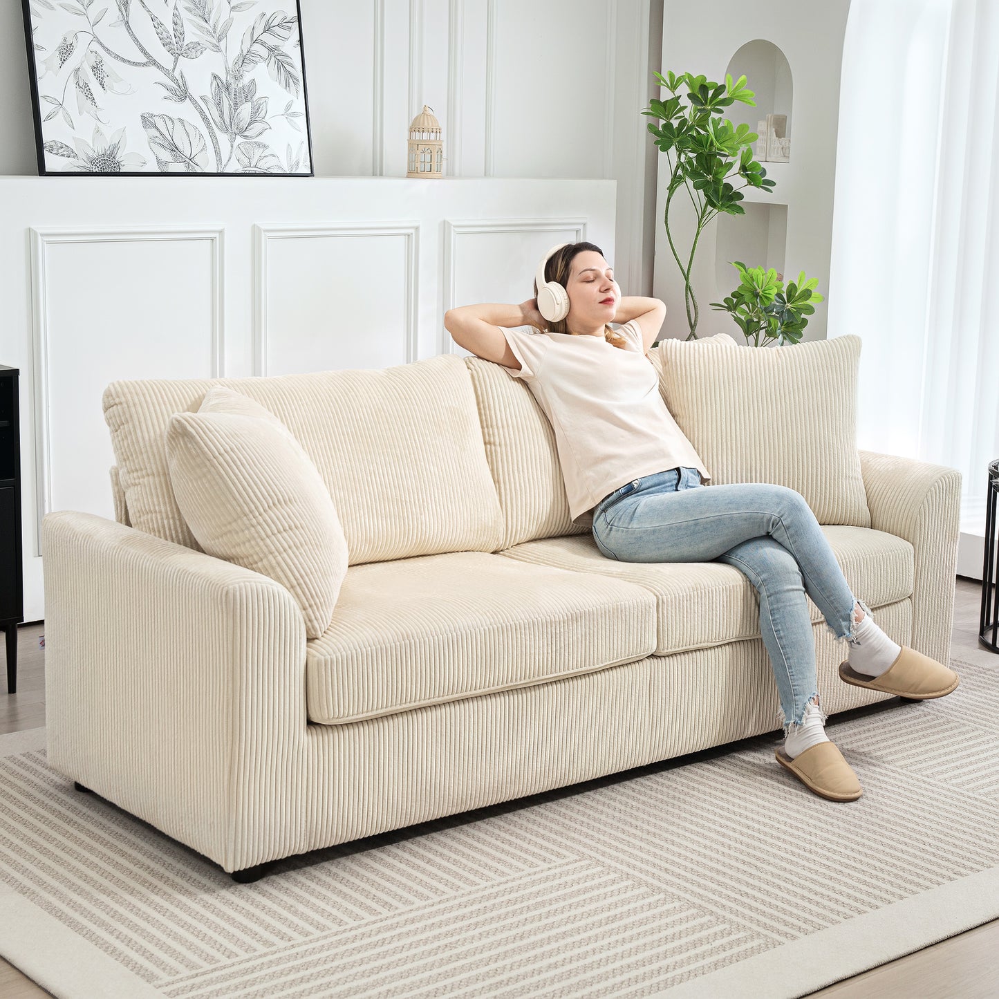 Sofa 3 places moderne en velours côtelé avec ressorts