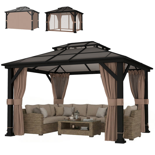 Outsunny 3x3.6m Hardtop Gazebo with Curtains and Mosquito Net Khaki