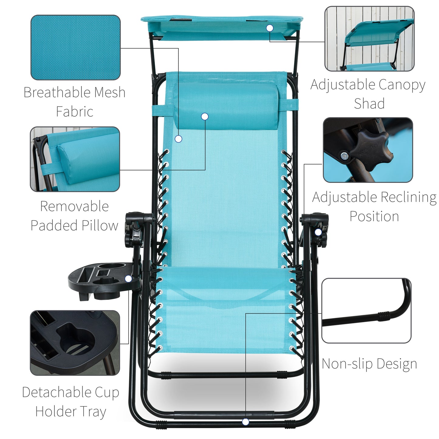 Chaise longue zéro gravité pliable avec auvent