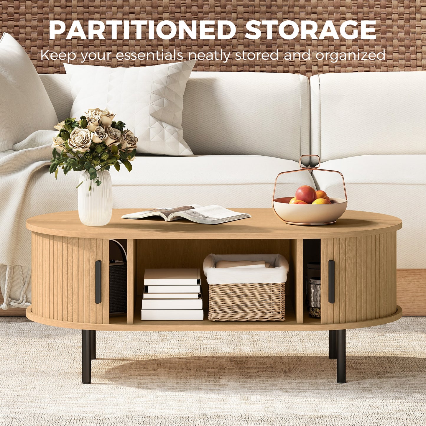 Table basse portes tambour coulissantes pieds métal