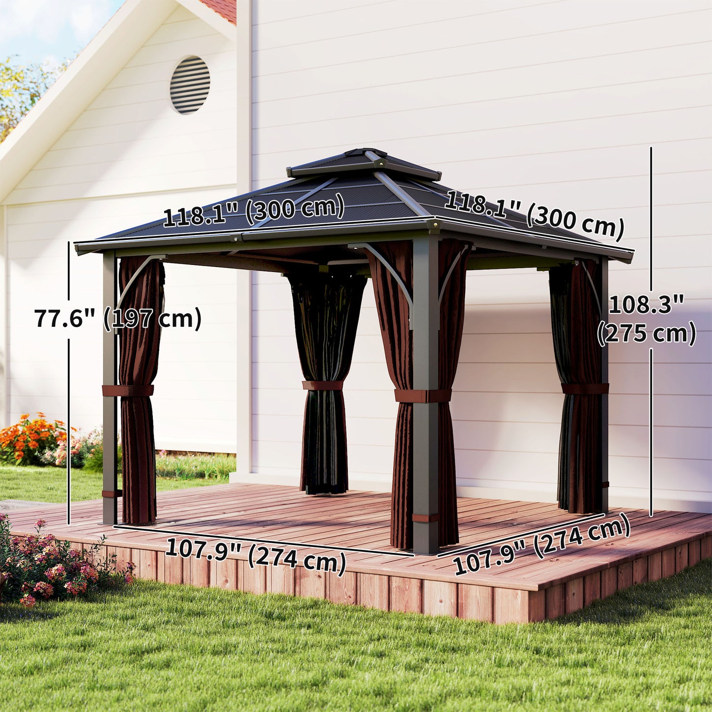 Gazebo toit rigide 10' x 10' polycarbonate double niveau