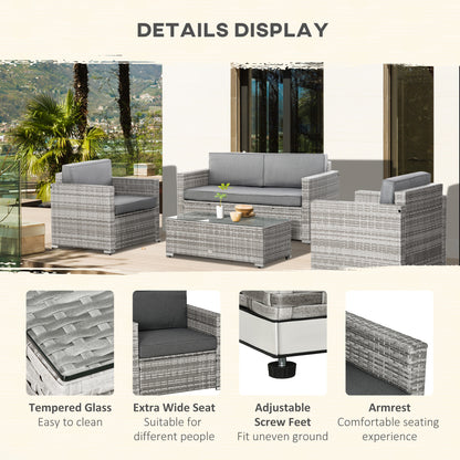 Outsunny 4 Pcs Rattan Patio Set - Thick Cushions, Mixed Grey