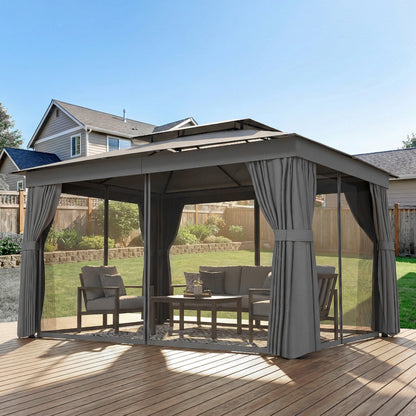 Gazebo extérieur double toit avec rideaux et moustiquaire 10' x 12.5'
