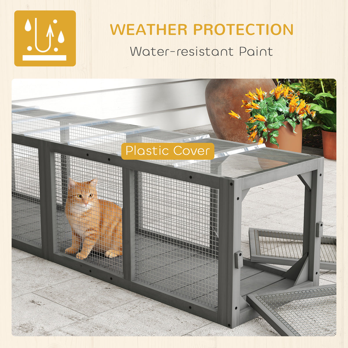 Tunnel pour chat extérieur en bois et grillage modulaire